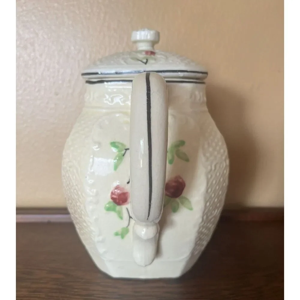 Vtg‎ Moriyama Japan Basketweave Majolica Floral Tea Pot Set Cream Sugar Japan
